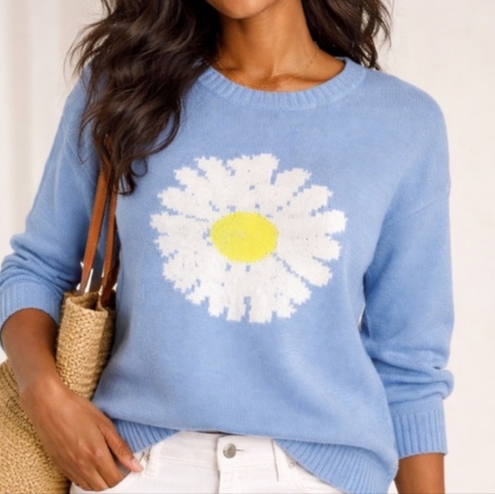 Tribal Blue Daisy Knit Sweater Size Small 100% Cotton